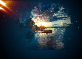 Sunset on Lake Art Background with Copy Space