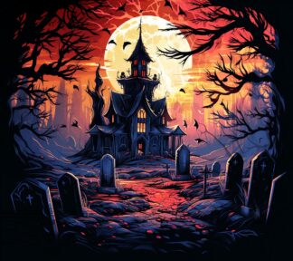 Creepy Halloween Scene with House and Tombs